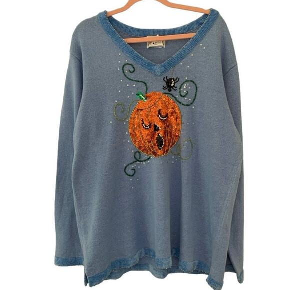 Vintage Halloween Sequin Jack O Lantern Pumpkin Coastal Grandma Sweater - Picture 6 of 13